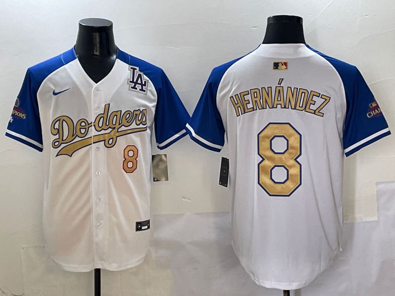 Men Los Angeles Dodgers #8 Hernandez White Blue Gold Game 2025 Nike MLB Jersey style 5